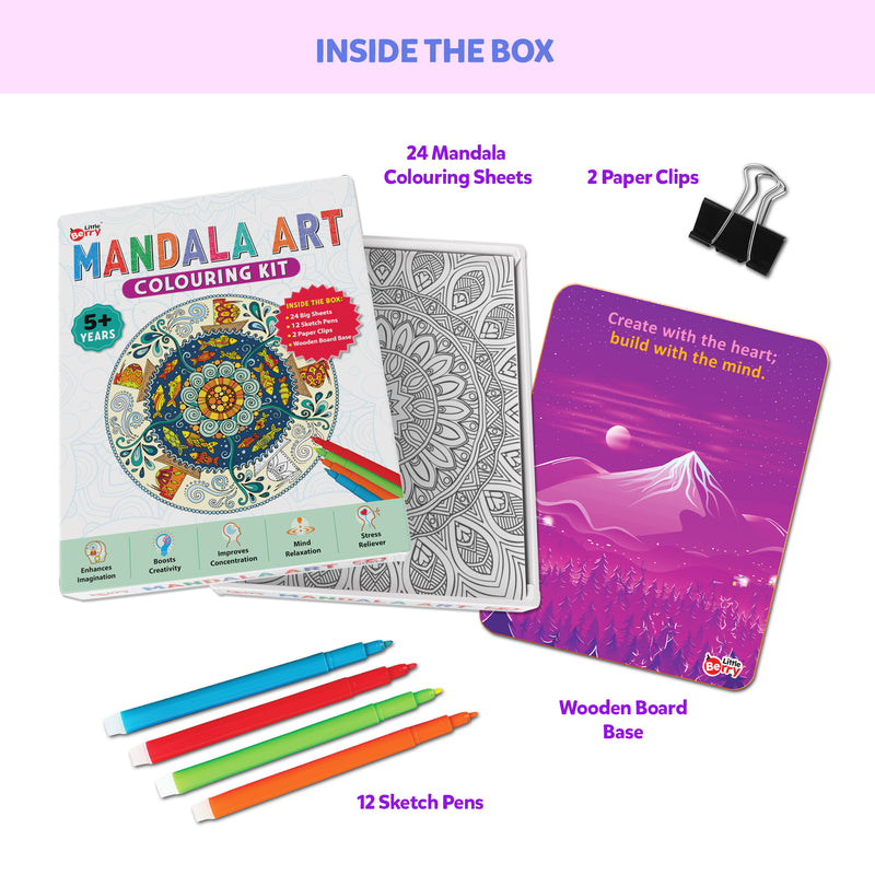 Little Berry Mandala Art Colouring Kit With 24 Big Sheets and 12 Sketch Pens for Girls & Boys - Multicolour