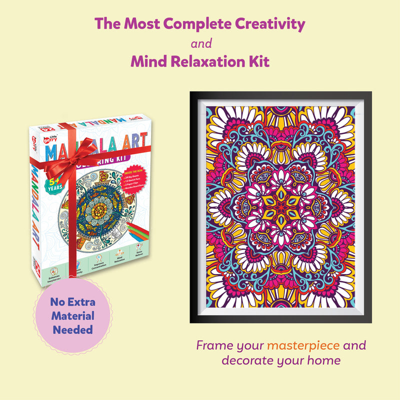 Little Berry Mandala Art Colouring Kit With 24 Big Sheets and 12 Sketch Pens for Girls & Boys - Multicolour
