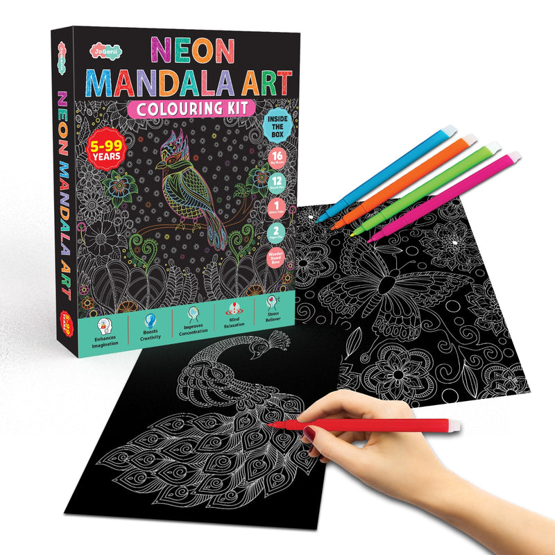 JoGenii Neon Mandala Art Colouring Kit - JoGenii Neon mandala art kit for adults and kids, DIY craft set kits for girls 6-12 12-15 adult women, pre marked paper design, painting material for beginners with colour, gifts, paint hobbies