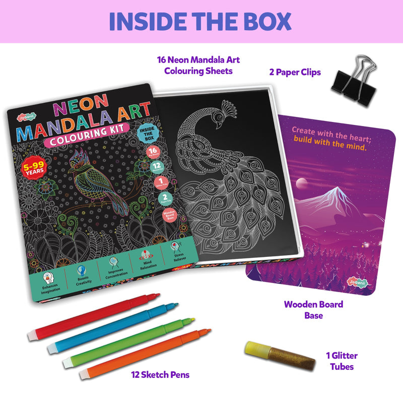 JoGenii Neon Mandala Art Colouring Kit - JoGenii Neon mandala art kit for adults and kids, DIY craft set kits for girls 6-12 12-15 adult women, pre marked paper design, painting material for beginners with colour, gifts, paint hobbies