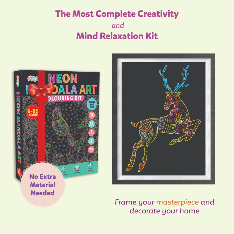 JoGenii Neon Mandala Art Colouring Kit - JoGenii Neon mandala art kit for adults and kids, DIY craft set kits for girls 6-12 12-15 adult women, pre marked paper design, painting material for beginners with colour, gifts, paint hobbies