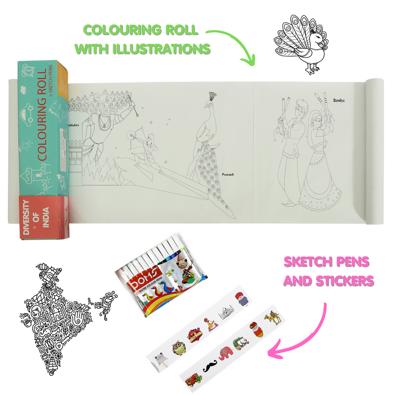 CocoMoco Diversity of India Colouring Roll Sheet for Kids |11 feet Big Size Art and Craft Reusable Drawing Paper Roll Kit for Children | Birthday Return Gift for Boys and Girls