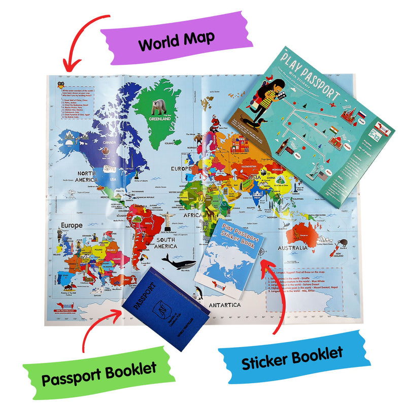 CocoMoco Kids Return Gift Combo Pack for Kids Birthday - 5 Pieces of Play Passport Activity Kit With Flags, Monuments, Capitals, Languages STEM Educational Toy (Multiple) (Pack of 5)