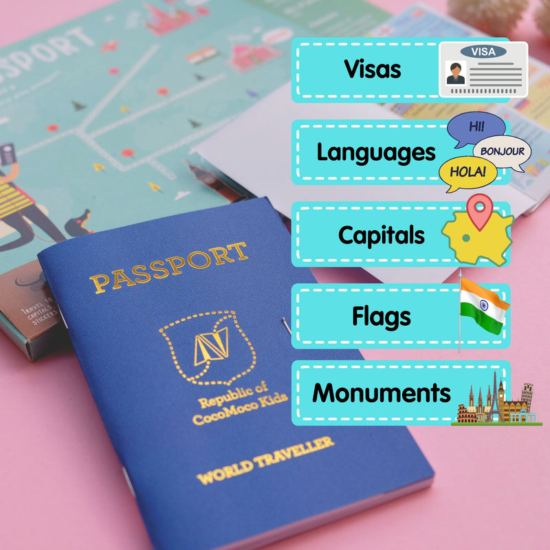 CocoMoco Kids Return Gift Combo Pack for Kids Birthday - 5 Pieces of Play Passport Activity Kit With Flags, Monuments, Capitals, Languages STEM Educational Toy (Multiple) (Pack of 5)