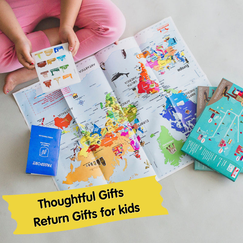 CocoMoco Kids Return Gift Combo Pack for Kids Birthday - 5 Pieces of Play Passport Activity Kit With Flags, Monuments, Capitals, Languages STEM Educational Toy (Multiple) (Pack of 5)