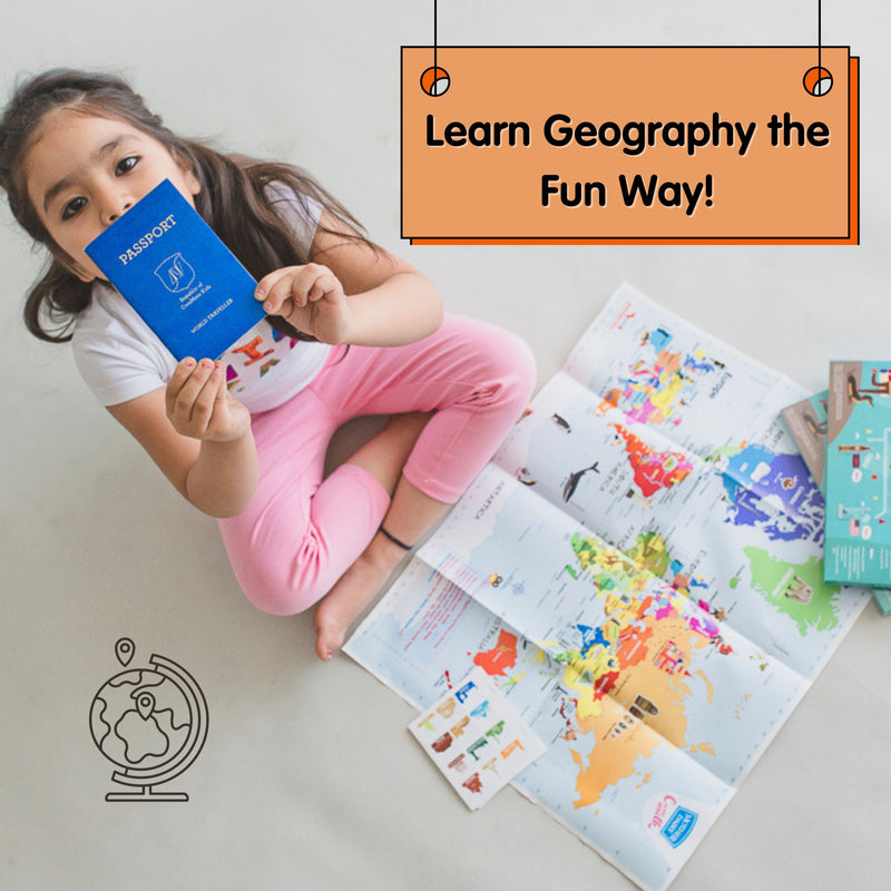 CocoMoco Kids Play Passport for Kids, Geography Educational Toy Activity Kit with Reusable Stickers and World Map for Kids, Return Gift for Kids Ages 4-11 Year olds
