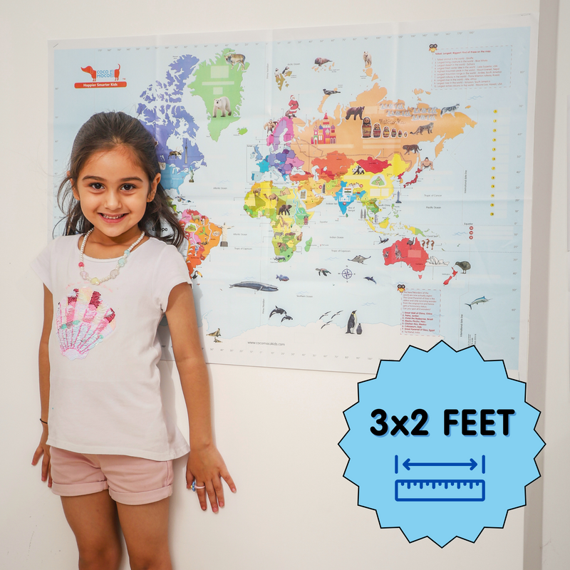 CocoMoco Kids World Map for Kids - Wall Poster for Room Decor - 3 x 2 feet - Geography Educational Learning Toy Birthday Return Gift for Boys Girls 5 6 7 8 9 10 11 years