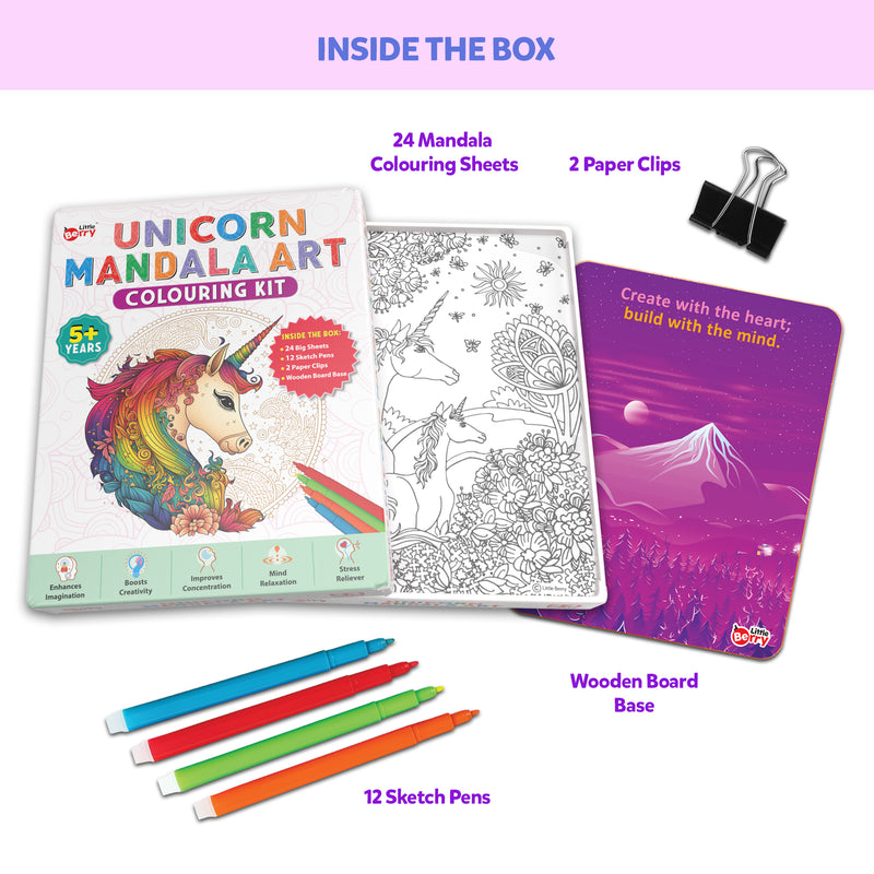 Little Berry Unicorn Mandala Art Colouring Kit With 24 Big Sheets and 12 Sketch Pens for Girls & Boys - Multicolour