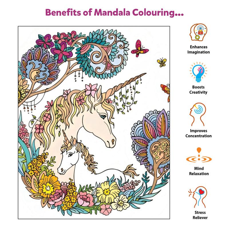 Little Berry Unicorn Mandala Art Colouring Kit With 24 Big Sheets and 12 Sketch Pens for Girls & Boys - Multicolour