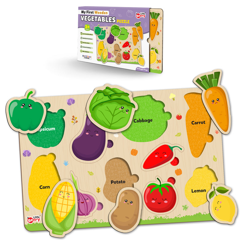 Little Berry Vegetables  Wooden Puzzle Tray - Knob and Peg Puzzle Multicolour - 26 Pegs