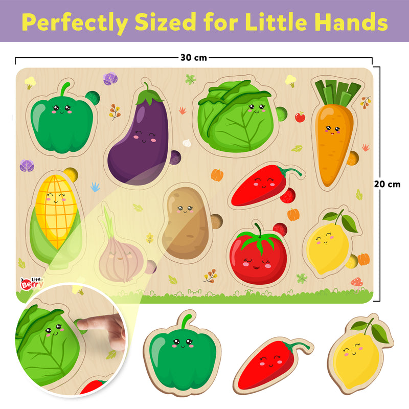 Little Berry Vegetables  Wooden Puzzle Tray - Knob and Peg Puzzle Multicolour - 26 Pegs