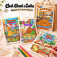 A colorful cartoon art coloring kit displayed on a soft beige fabric background, with three illustrated cards or pages showing playful food-themed scenes, a brown paper gift bag, and three colored pencils. The top text reads 'Chai, Chaat & Cuties Kawaii Art Colouring Kit.