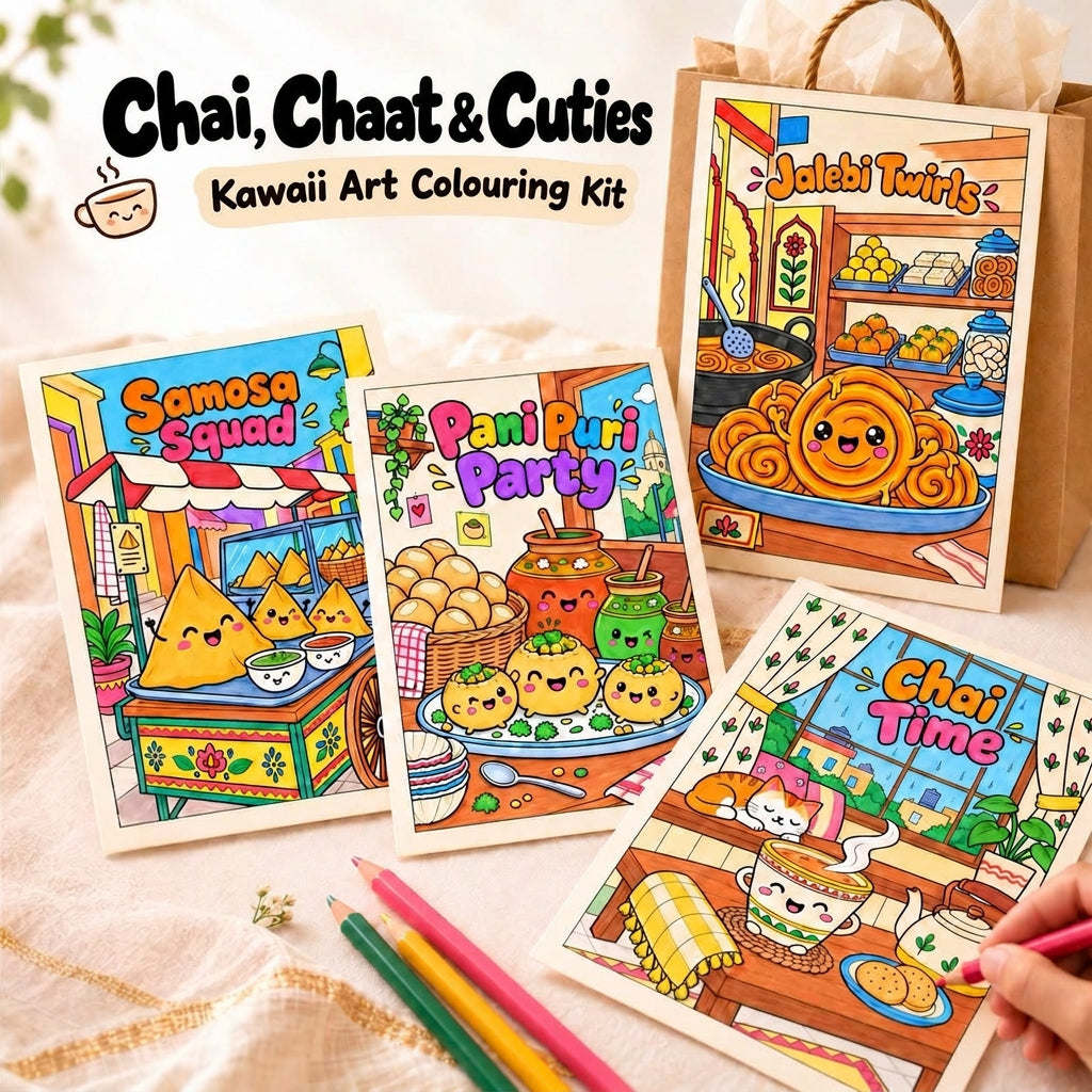 A colorful cartoon art coloring kit displayed on a soft beige fabric background, with three illustrated cards or pages showing playful food-themed scenes, a brown paper gift bag, and three colored pencils. The top text reads 'Chai, Chaat & Cuties Kawaii Art Colouring Kit.