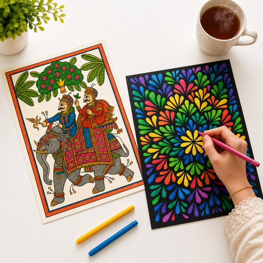 10 Poster Mega Art Combo | 2 Themes in 1 : Zentangle & Indian Art Forms Kit | High-Quality Art Sheets, Coloring pens | Perfect for Gifting Adults, Kids, Teens