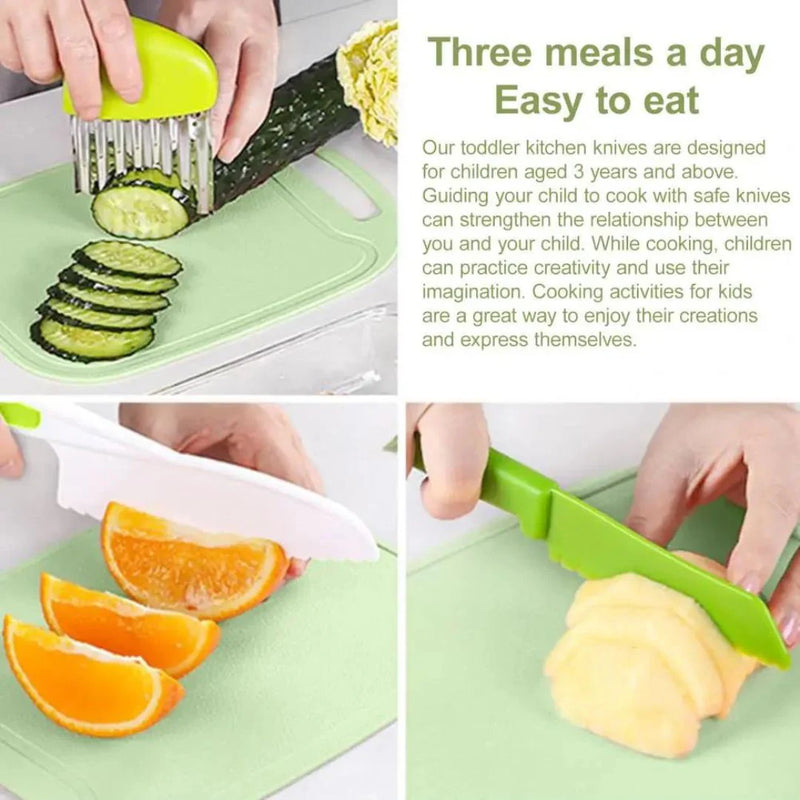 Plastic Knife Set with Toddler Knife, Peeler, Cookie Cutter, and Cutting Board (Random Color) - Montessori Skills