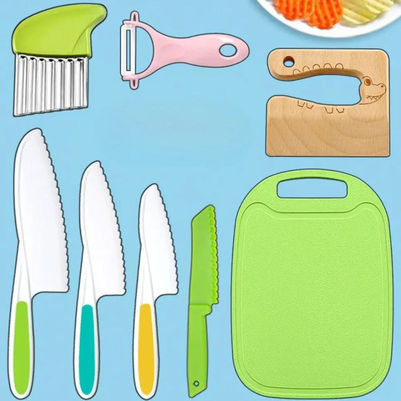 Plastic Knife Set with Toddler Knife, Peeler, Cookie Cutter, and Cutting Board (Random Color) - Montessori Skills