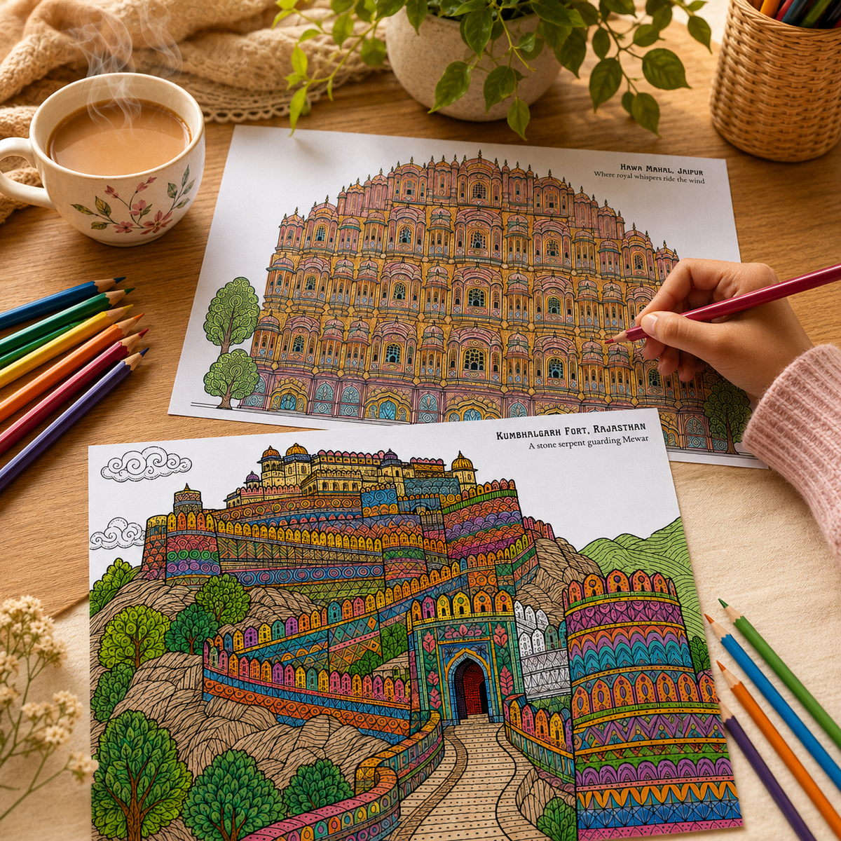 India Monuments Mega Coloring Combo - 10 Poster Mega Art Combo | 2 Themes - Monuments of India & Forts of India | Premium Art Sheets with Coloring Pens | Perfect for Gifting Adults, Kids, Teens - JoGenii