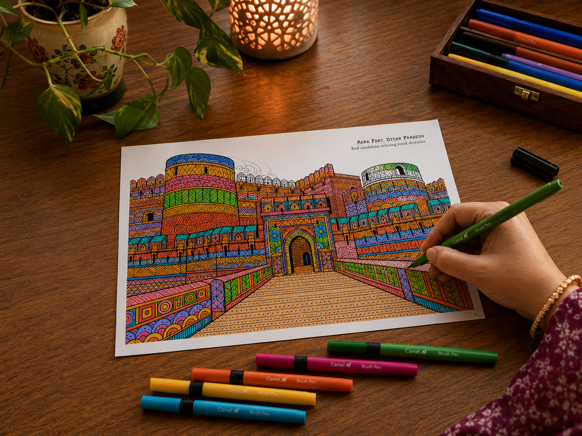 India Monuments Mega Coloring Combo - 10 Poster Mega Art Combo | 2 Themes - Monuments of India & Forts of India | Premium Art Sheets with Coloring Pens | Perfect for Gifting Adults, Kids, Teens - JoGenii