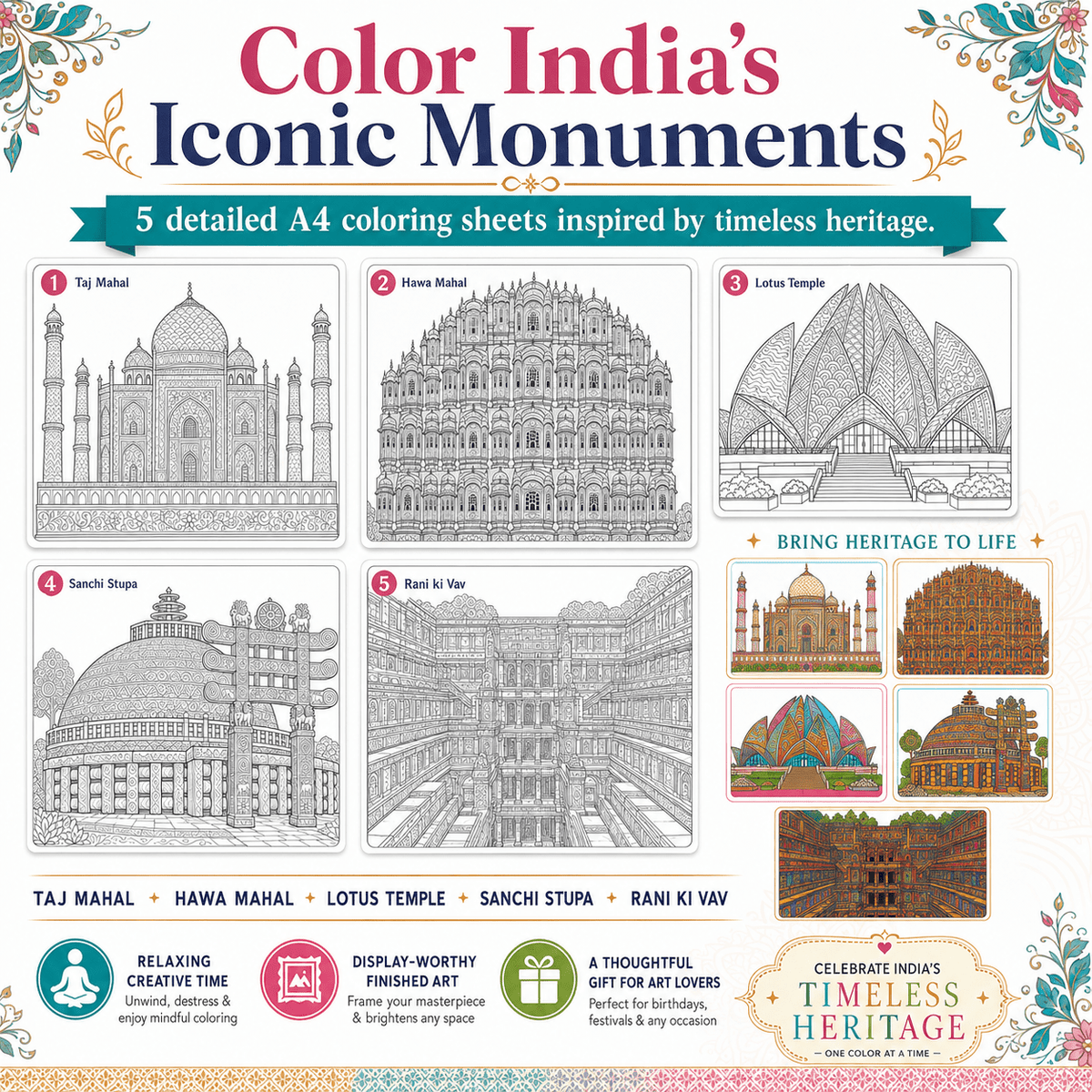India Monuments Mega Coloring Combo - 10 Poster Mega Art Combo | 2 Themes - Monuments of India & Forts of India | Premium Art Sheets with Coloring Pens | Perfect for Gifting Adults, Kids, Teens - JoGenii