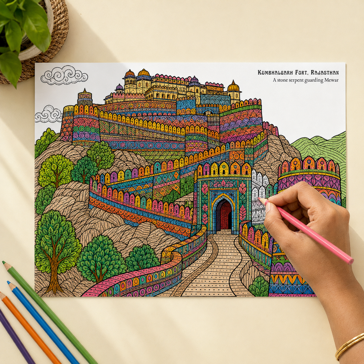 India Monuments Mega Coloring Combo - 10 Poster Mega Art Combo | 2 Themes - Monuments of India & Forts of India | Premium Art Sheets with Coloring Pens | Perfect for Gifting Adults, Kids, Teens - JoGenii
