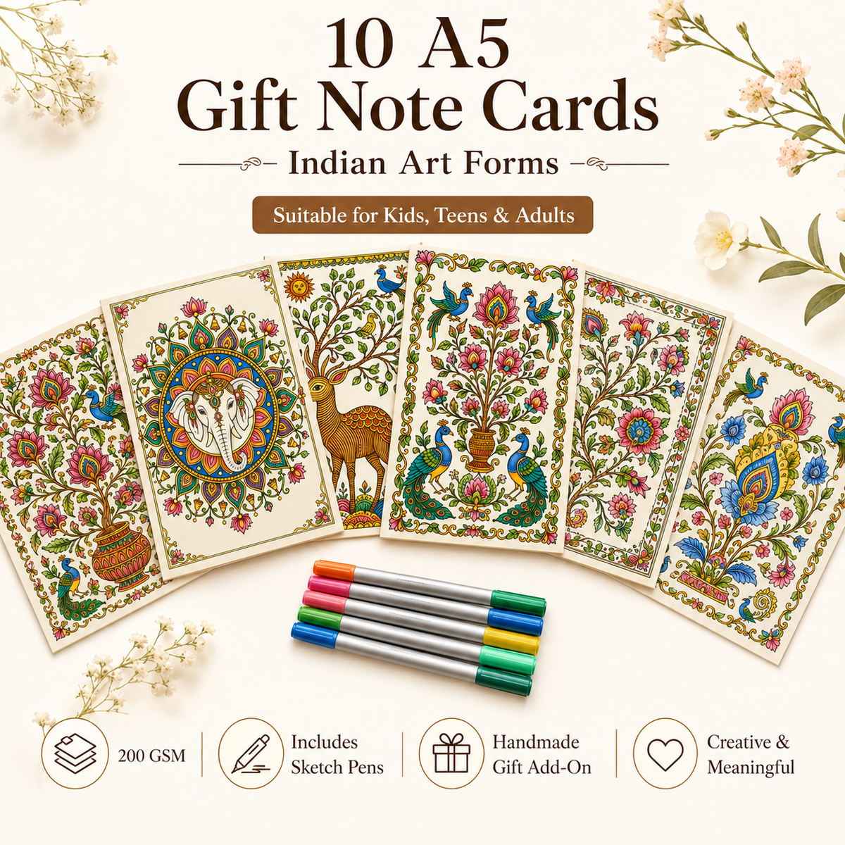 Indian Art Forms DIY Coloring Gift Note Cards – Set of 10 | A5 Size | 200 GSM | Birthdays, Weddings, Anniversaries, Housewarming gifts, Festive hampers - JoGenii