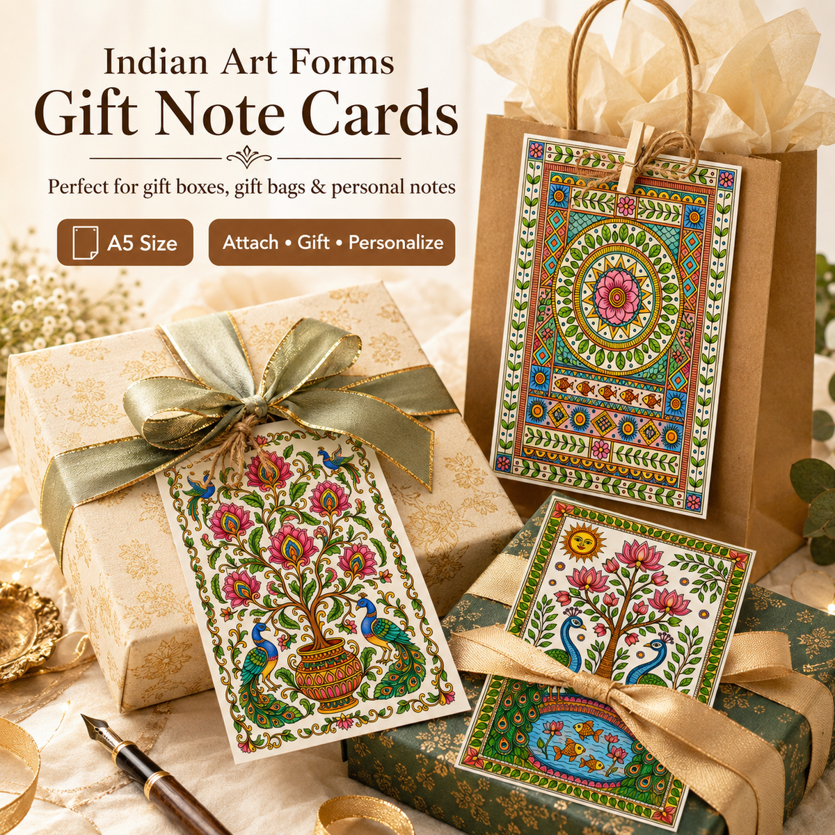 Indian Art Forms DIY Coloring Gift Note Cards – Set of 10 | A5 Size | 200 GSM | Birthdays, Weddings, Anniversaries, Housewarming gifts, Festive hampers - JoGenii