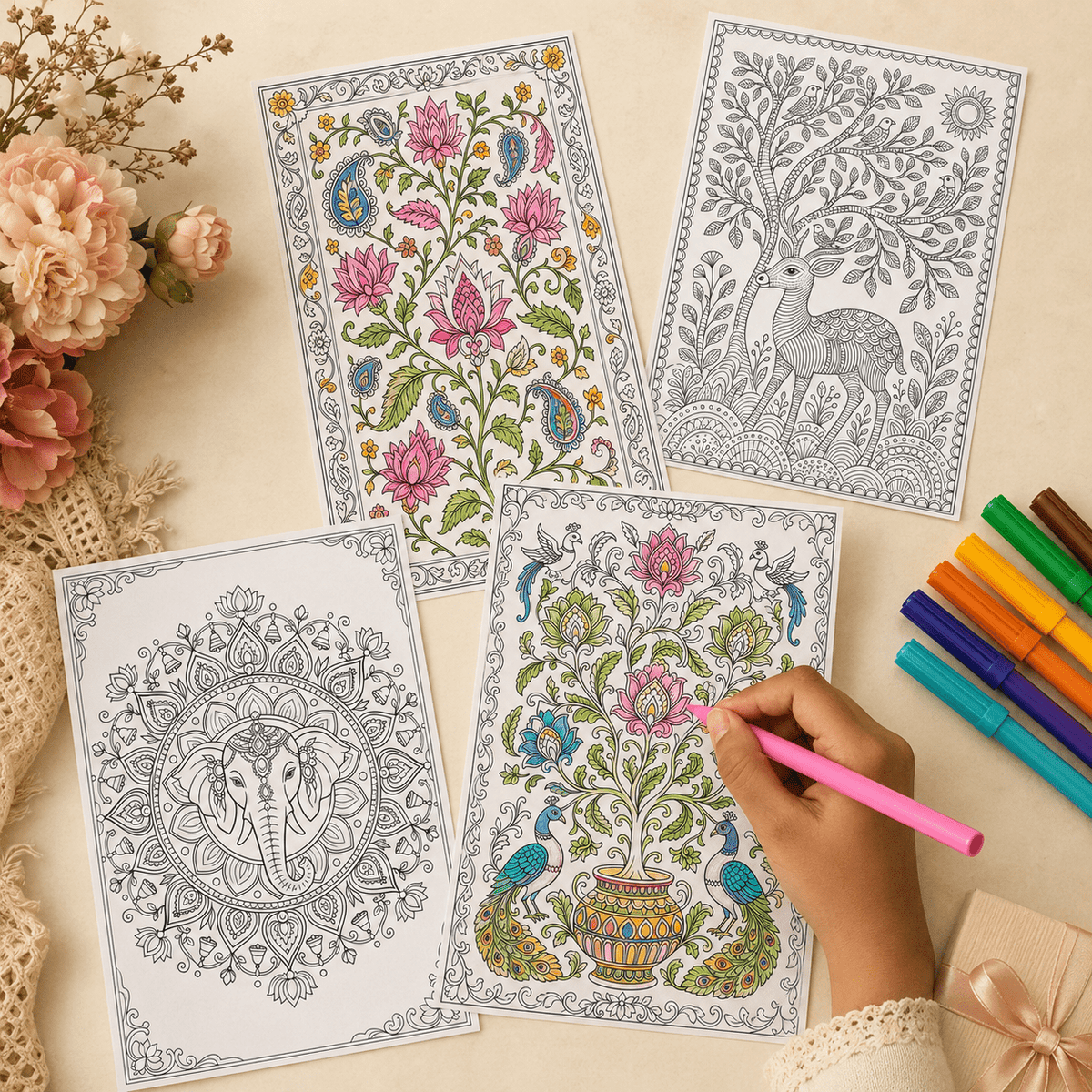 Indian Art Forms DIY Coloring Gift Note Cards – Set of 10 | A5 Size | 200 GSM | Birthdays, Weddings, Anniversaries, Housewarming gifts, Festive hampers - JoGenii