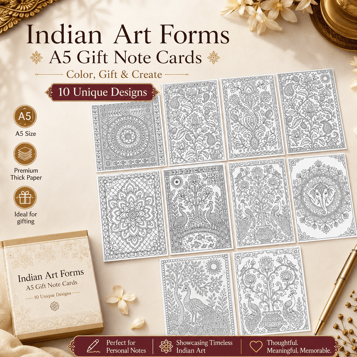 Indian Art Forms DIY Coloring Gift Note Cards – Set of 10 | A5 Size | 200 GSM | Birthdays, Weddings, Anniversaries, Housewarming gifts, Festive hampers - JoGenii