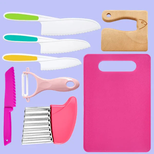 Plastic Knife Set with Toddler Knife, Peeler, Cookie Cutter, and Cutting Board (Random Color) - Montessori Skills