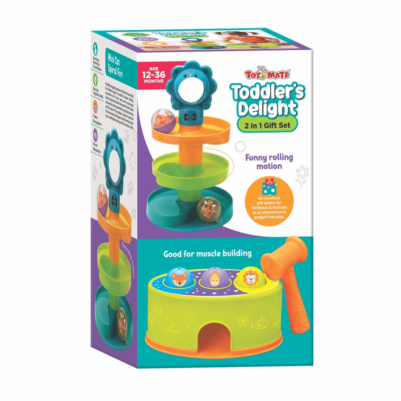 Toddler's Delight - 2 in 1 Gift Set Hammer Ball Toy with A Roll Ball Toy with 3 Layer Ball Drop Tower Run Roll Swirling Ramps for Baby and Develops fine Motor Skills for 12 Months & Above