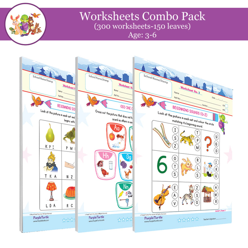 Purple Turtle Preschool Worksheets for Kids Combo of Level 1,2,3 (3-5 Years)-150 worksheets