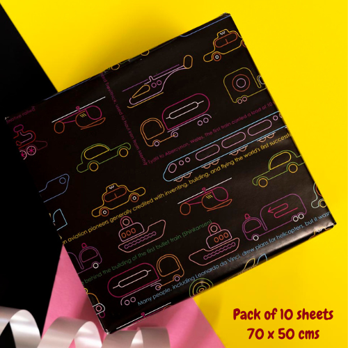 eVincE pack of 10 Cars Gift Wrapping Paper | 70 x 50 cms | Fact filled Fun Pattern