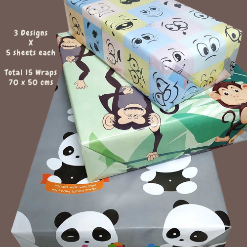 eVincE Assorted Gift Wrapping Paper | Emojis Monkey Panda 3 Designs with facts | 70 x 50 cms - 15 sheets