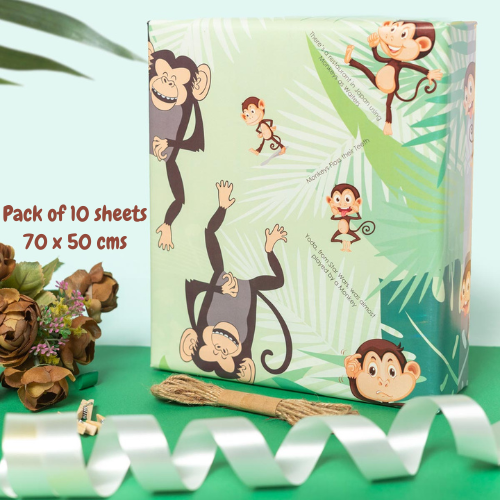 eVincE Monkey Wrapping Paper for Kids Boys Men Women Girl Jungle Safari Fact Filled Animal Design for Birthday Christmas New Year Easter Easy to Use (70 x 50 cms Pack of 10 Large Sheets