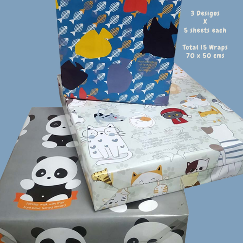 eVincE Birthday Gift Wrapping Paper for kids | 3 designs, 15 Wraps | Panda Cat Fish | 70 x 50 cms