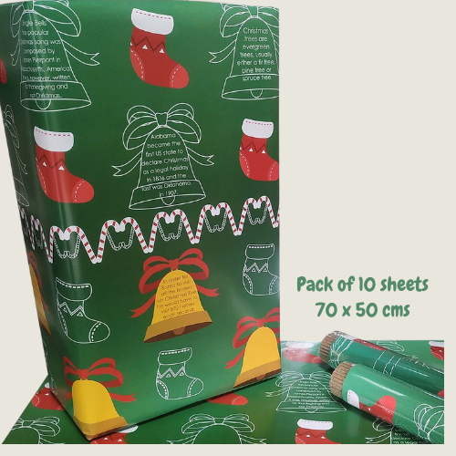 eVincE Christmas Gift Wrapping Paper for kids | Green Bell Pattern with Facts | Pack of 10 Sheets | 70 x 50 cms