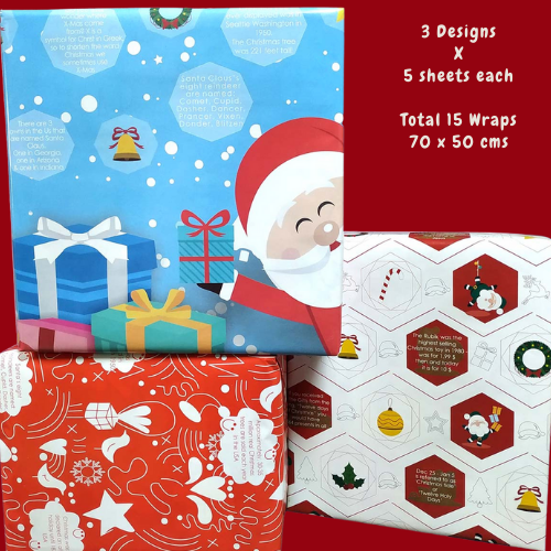 eVincE assorted Christmas wrapping paper | 3 designs 15 sheets | Red Doodle, Santa, White Xmas party theme | 70 x 50 cms sheets