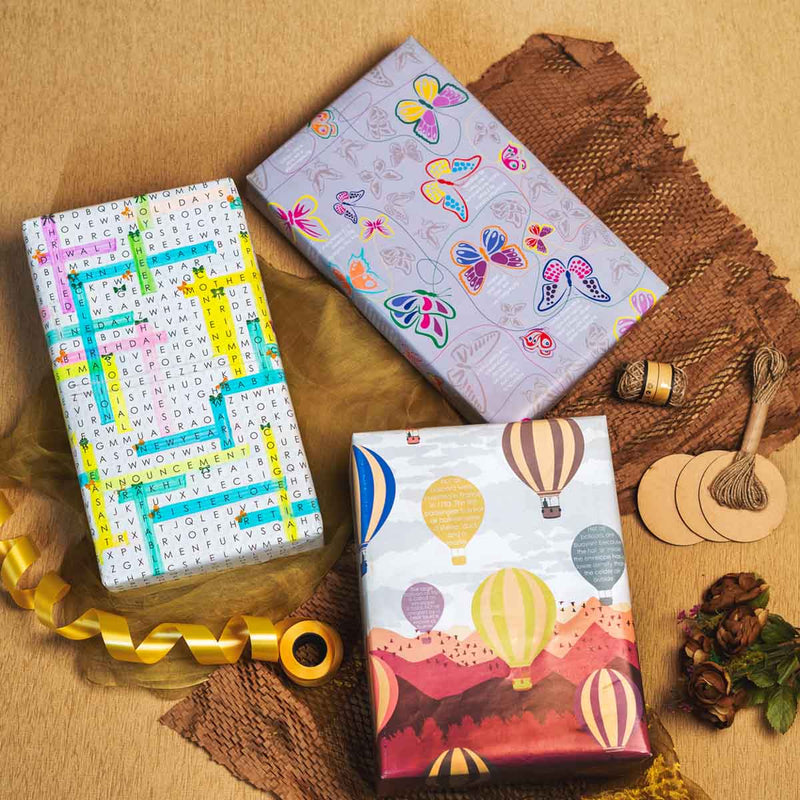 eVincE Assorted Gift Wrapping Paper | Word Search, Butterfly game & Hot Air Balloon, 3 Designs with facts | 70 x 50 cms - 15 sheets