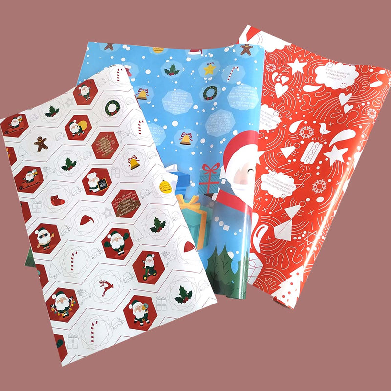 eVincE assorted Christmas wrapping paper | 3 designs 15 sheets | Red Doodle, Santa, White Xmas party theme | 70 x 50 cms sheets