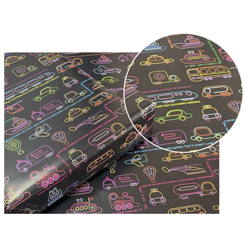 eVincE pack of 10 Cars Gift Wrapping Paper | 70 x 50 cms | Fact filled Fun Pattern