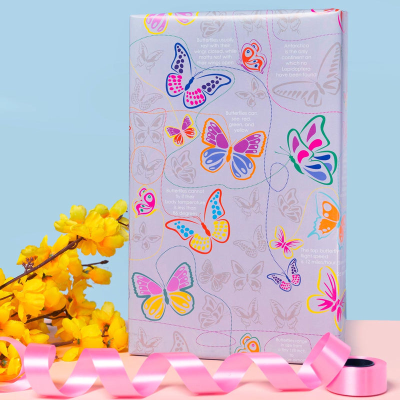 eVincE Gift Wrapping Paper | 3 assorted designs, 15 sheets | Butterfly, Solar System & Emoji Pattern with fun Facts | 70 x 50 cms size