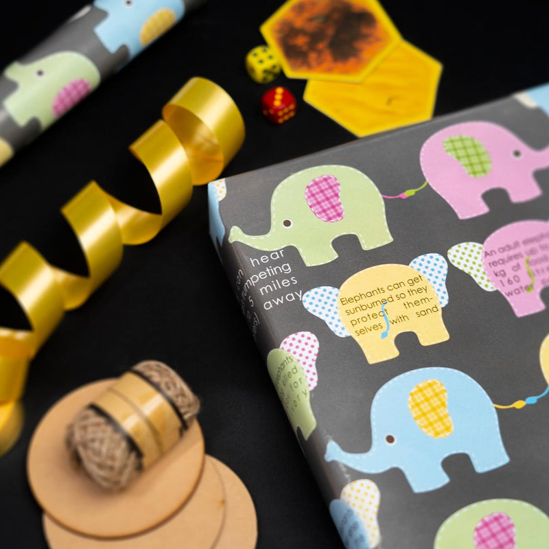 eVincE Assorted Gift Wrapping Paper | Dinosaurs, WordSearch & Elephant, 3 Designs with facts | 70 x 50 cms - 15 sheets