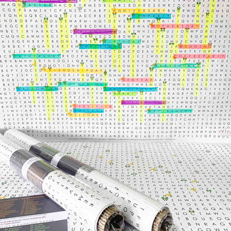 eVincE Assorted Gift Wrapping Paper | Word Search, Butterfly game & Hot Air Balloon, 3 Designs with facts | 70 x 50 cms - 15 sheets