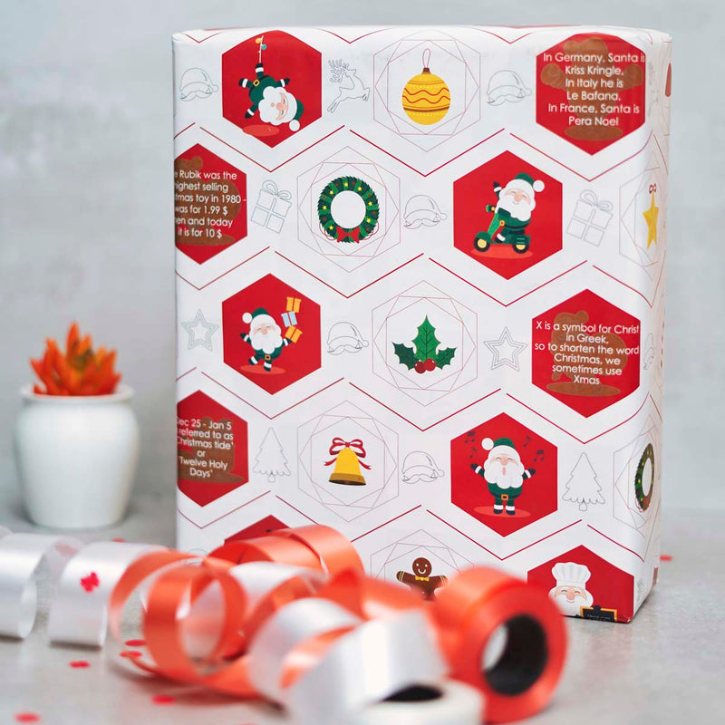 eVincE assorted Christmas wrapping paper | 3 designs 15 sheets | Red Doodle, Santa, White Xmas party theme | 70 x 50 cms sheets