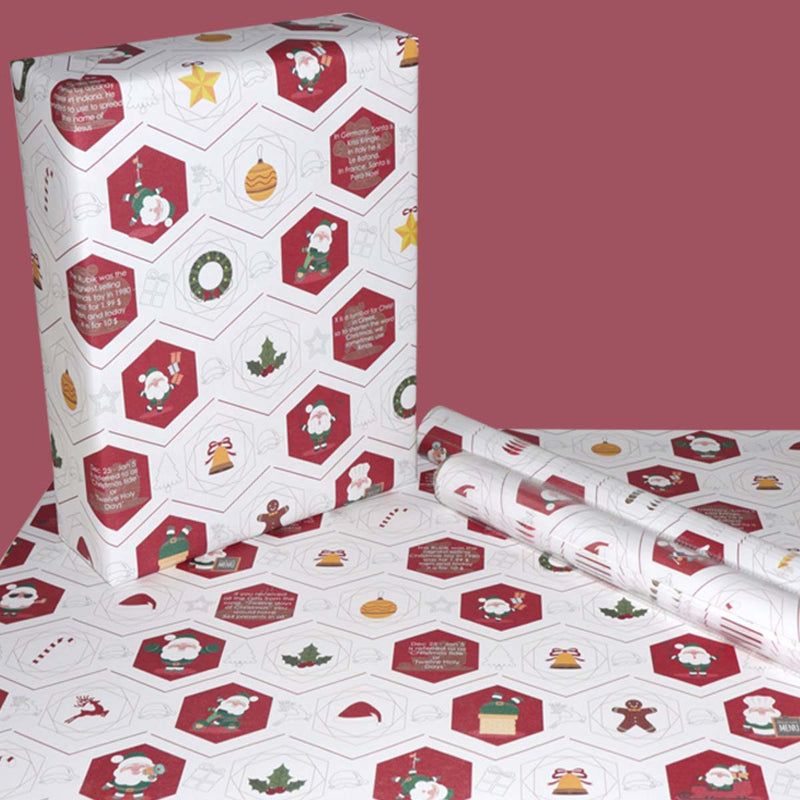 eVincE Christmas Gift Wrapping Paper for kids | White & Red Xmas Elements with Facts | Pack of 10 Sheets | 70 x 50 cms