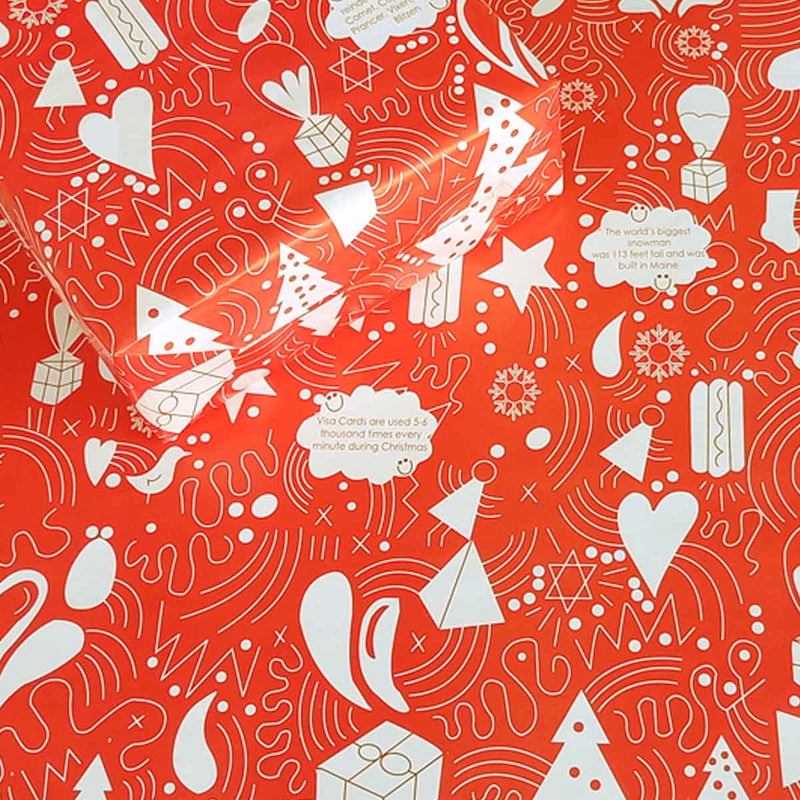 eVincE Christmas Gift Wrapping Paper for kids | Red Xmas doodle Pattern with Facts | Pack of 10 Sheets | 70 x 50 cms