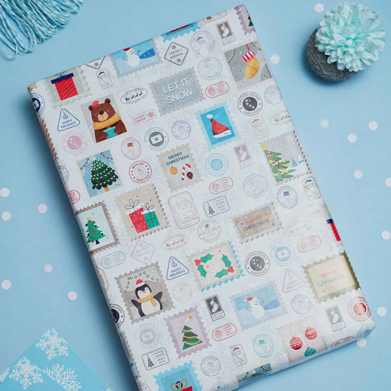 eVincE assorted Christmas wrapping paper | White snow cityscape, Xmas stamps & Green Bells | 3 designs 15 sheets | 70 x 50 cms sheets