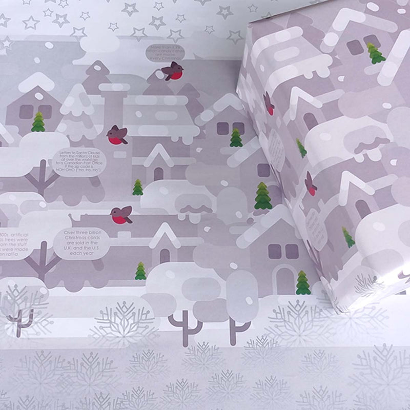 eVincE Christmas Gift Wrapping Paper for kids | White snow Cityscape pattern with Facts | Pack of 10 Sheets | 70 x 50 cms