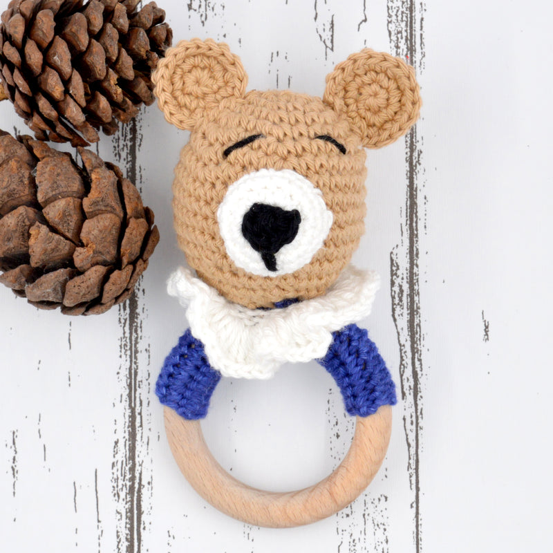 Cotton Crochet Baby Handheld Bunny Bear Rattle - Buiscuit
