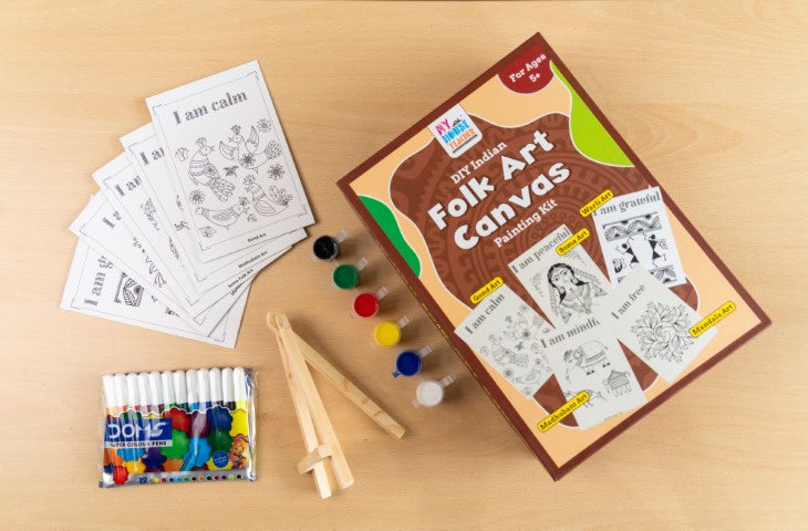 DIY Folk Art Canvas Coloring Kit - 5 Printed Canvas, easel and coloring pens